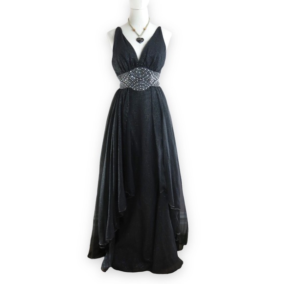80s Black Wedding Gown S/M | Sheer Chiffon Beaded Rainbow Crystal Evening Dress‎ - Picture 2 of 10